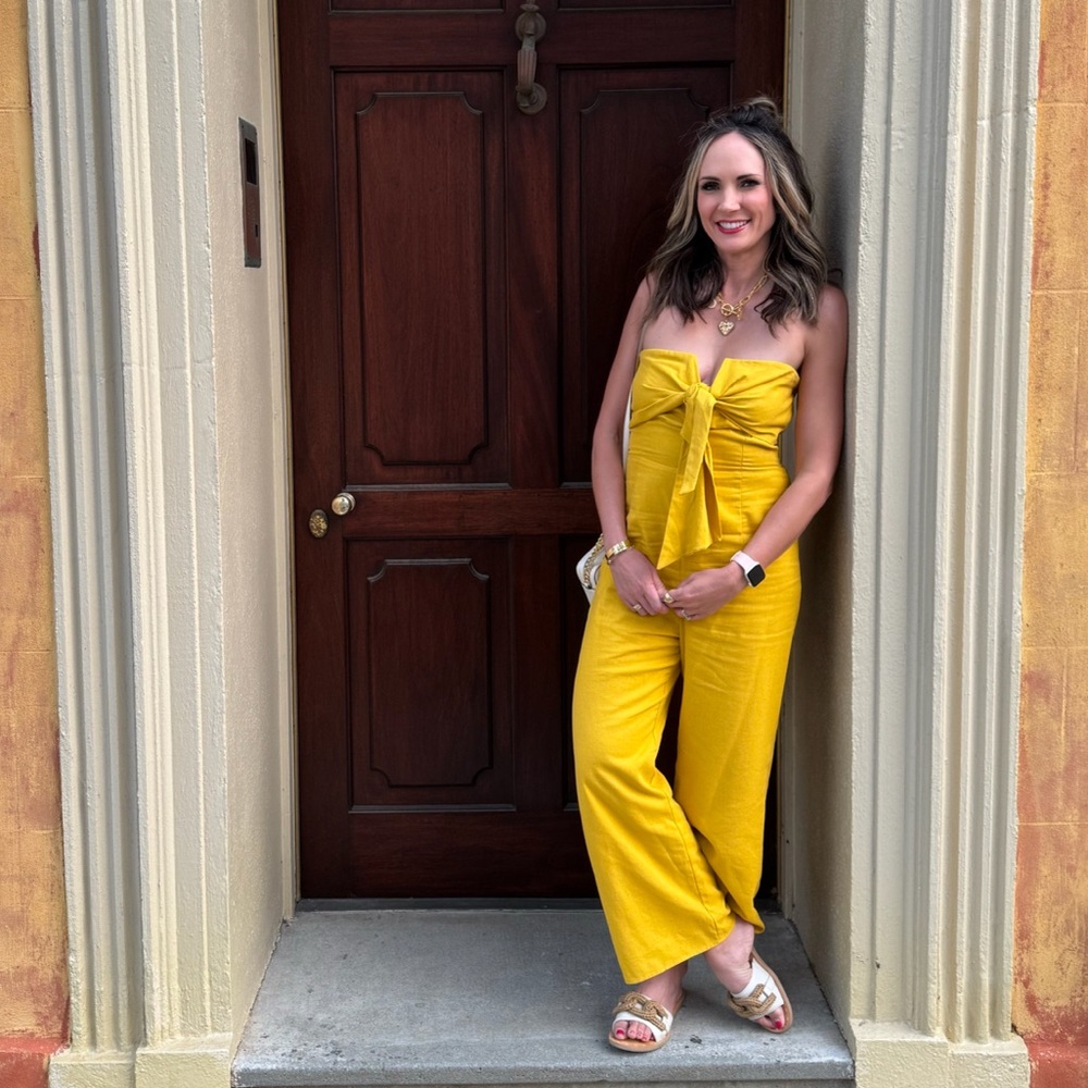 Lulu's Mustard Strapless Jumpsuit with Bow